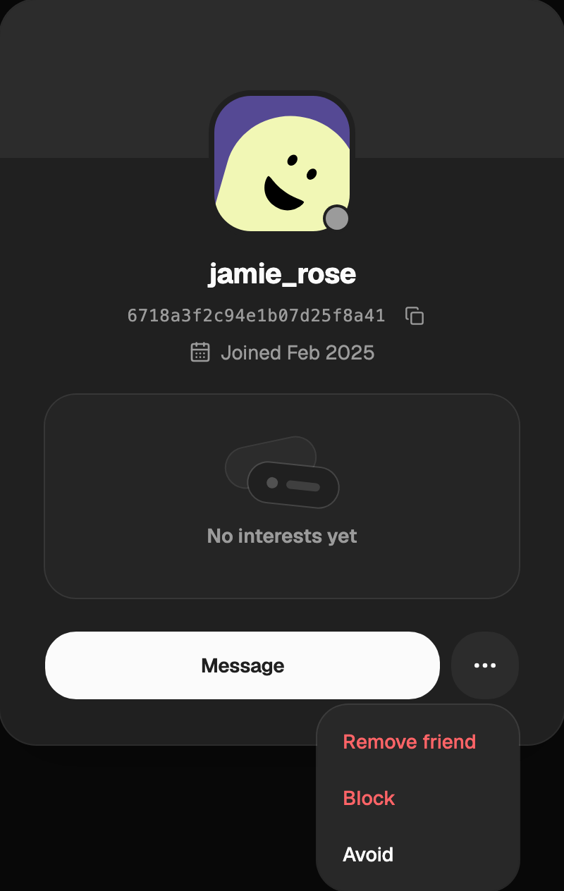 A profile with the ••• menu open, showing Remove friend, Block and Avoid