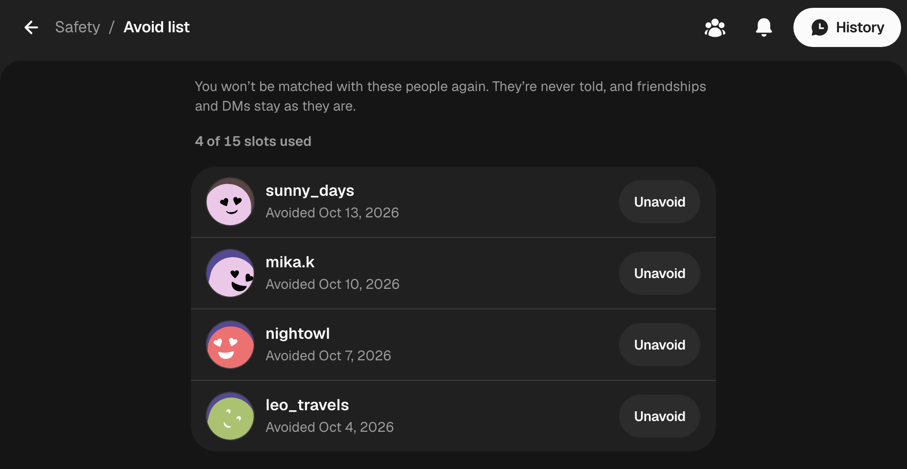 The Avoid list in Settings, showing four avoided people with an Unavoid button next to each