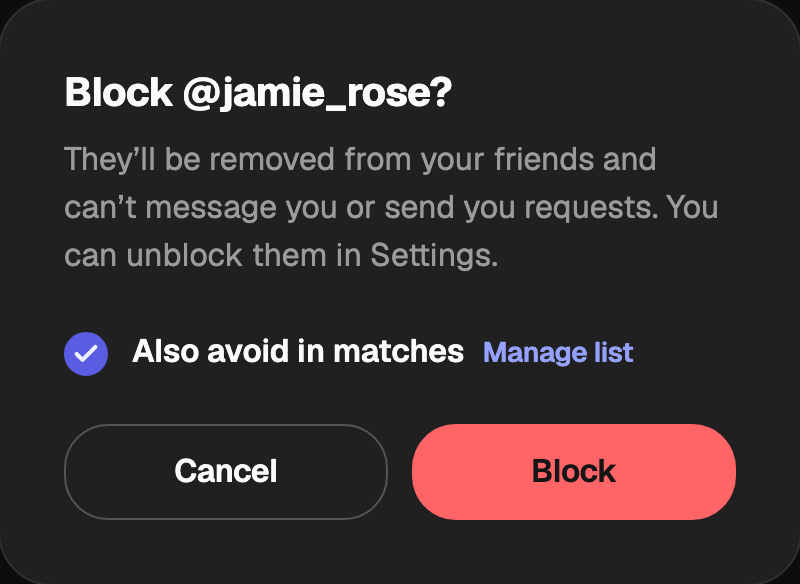The Block window with Also avoid in matches ticked
